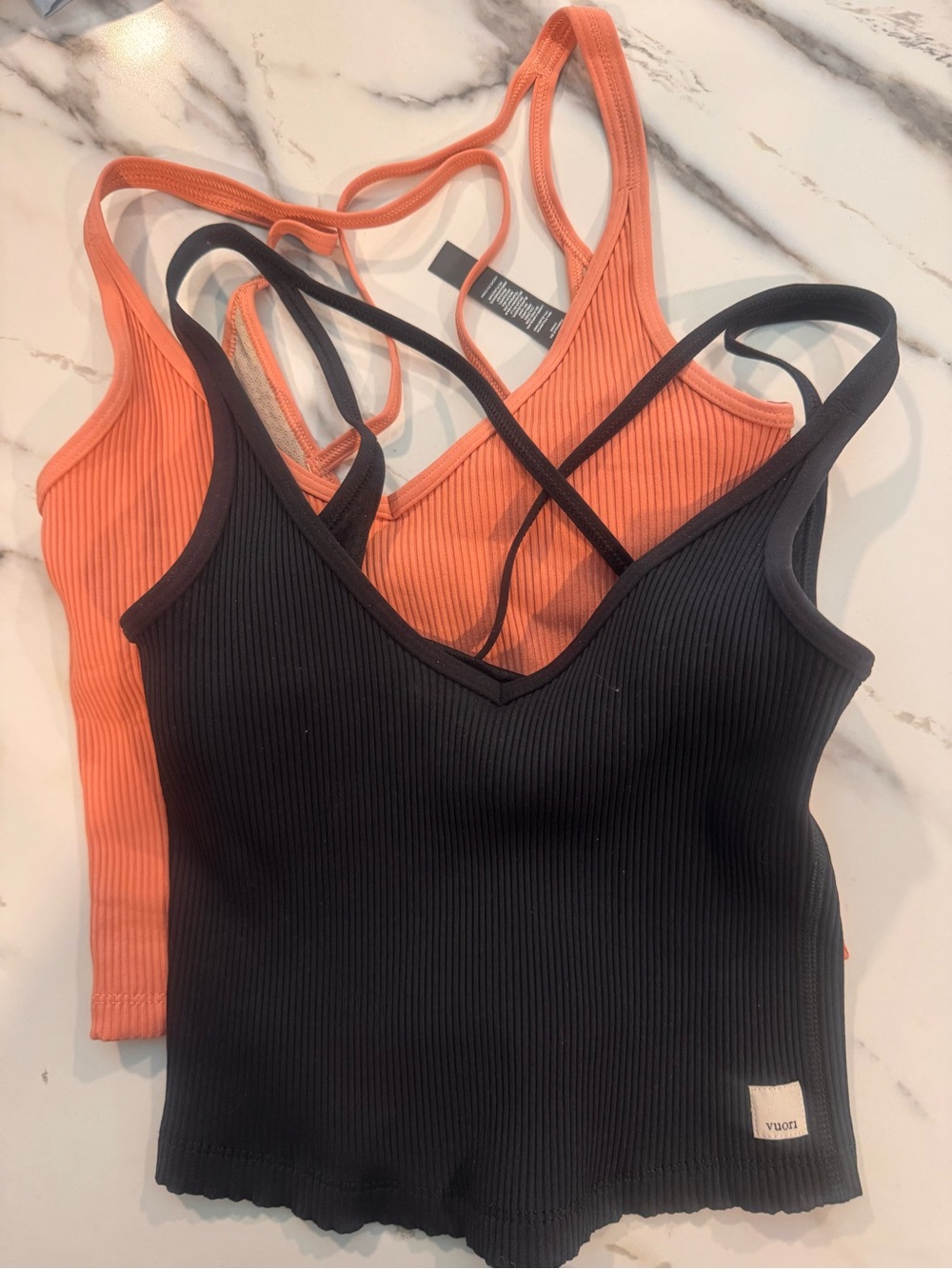 Vuori Ribbed Cropped Tank Tops — Coral and Black lot of 2